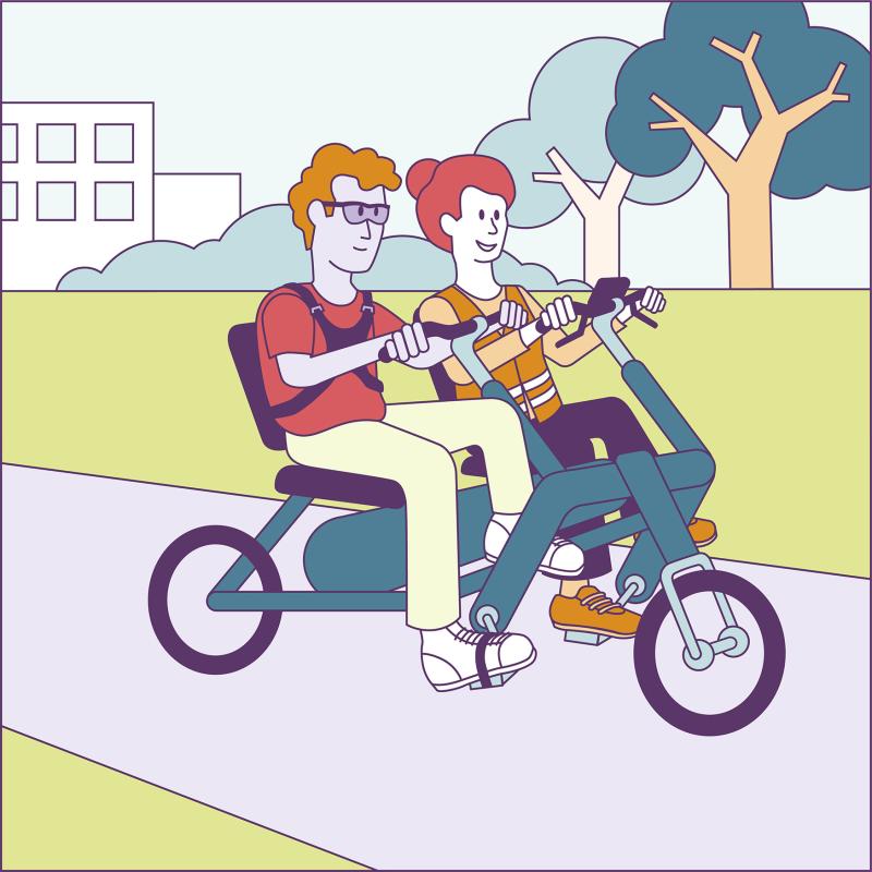 Illustratie van een man en een vrouw op een duofiets. De man draagt een bril, een gordel en riemen over zijn schoenen. De vrouw draagt een hesje en is de begeleider.