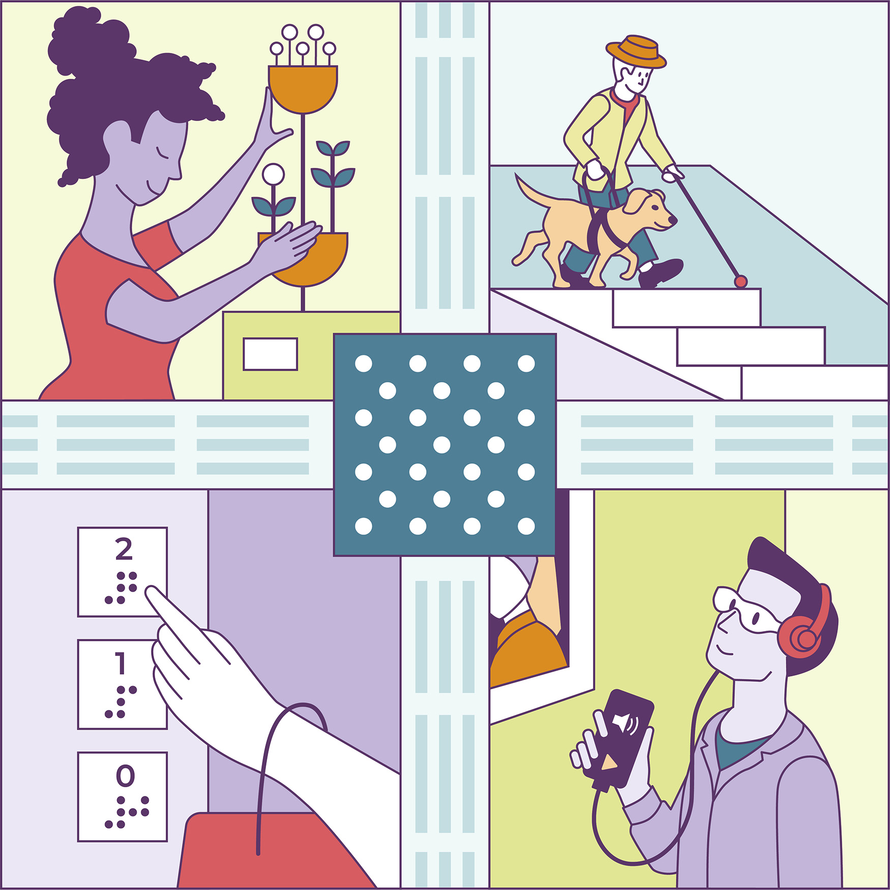 Afbeelding met 4 illustraties. Linksboven is een vrouw met dichte ogen. Ze voelt met beide handen aan een twee schalen waarin planten groeien. Daarnaast loopt een oudere heer met een geleidehond en een stok. Hij staat op het punt een trap af te gaan. Linksonder staan drie knoppen van een lift. De getallen van de etages staan erop als cijfers en in braille. Een vrouwenhand gaat met de wijsvinger richting de knop met getal 2. Op de 4e afbeelding zie je een man die via een audiotour een schilderij ervaart.