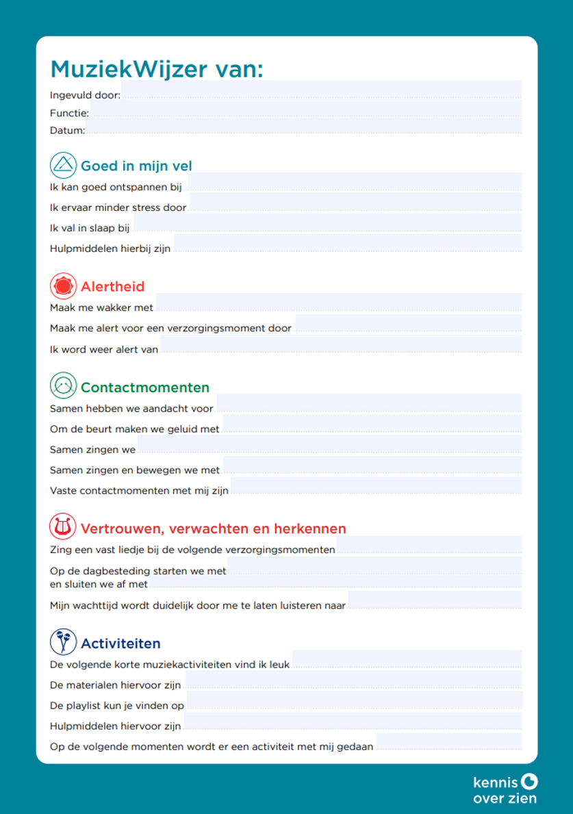 Afbeelding van het formulier van de MuziekWijzer. Bovenaan staat 'Muziekwijzer van'. Hieronder staan invulvelden waar begeleiders zaken kunnen invullen over de muziekwensen en voorkeuren van een cliënt.