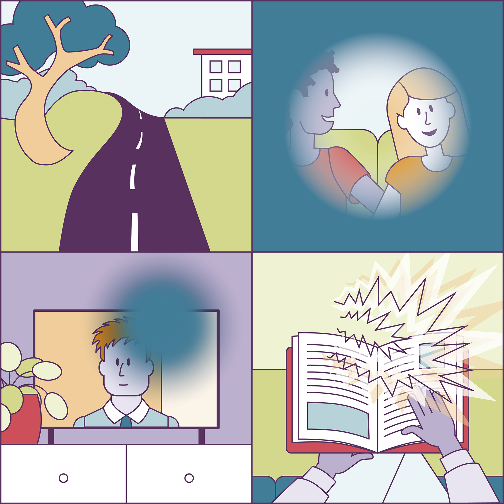 Illustraties waarop vier verschillende beelden te zien zijn die laten zien hoe iemand met een visuele aandoening dagelijkse dingen ziet.