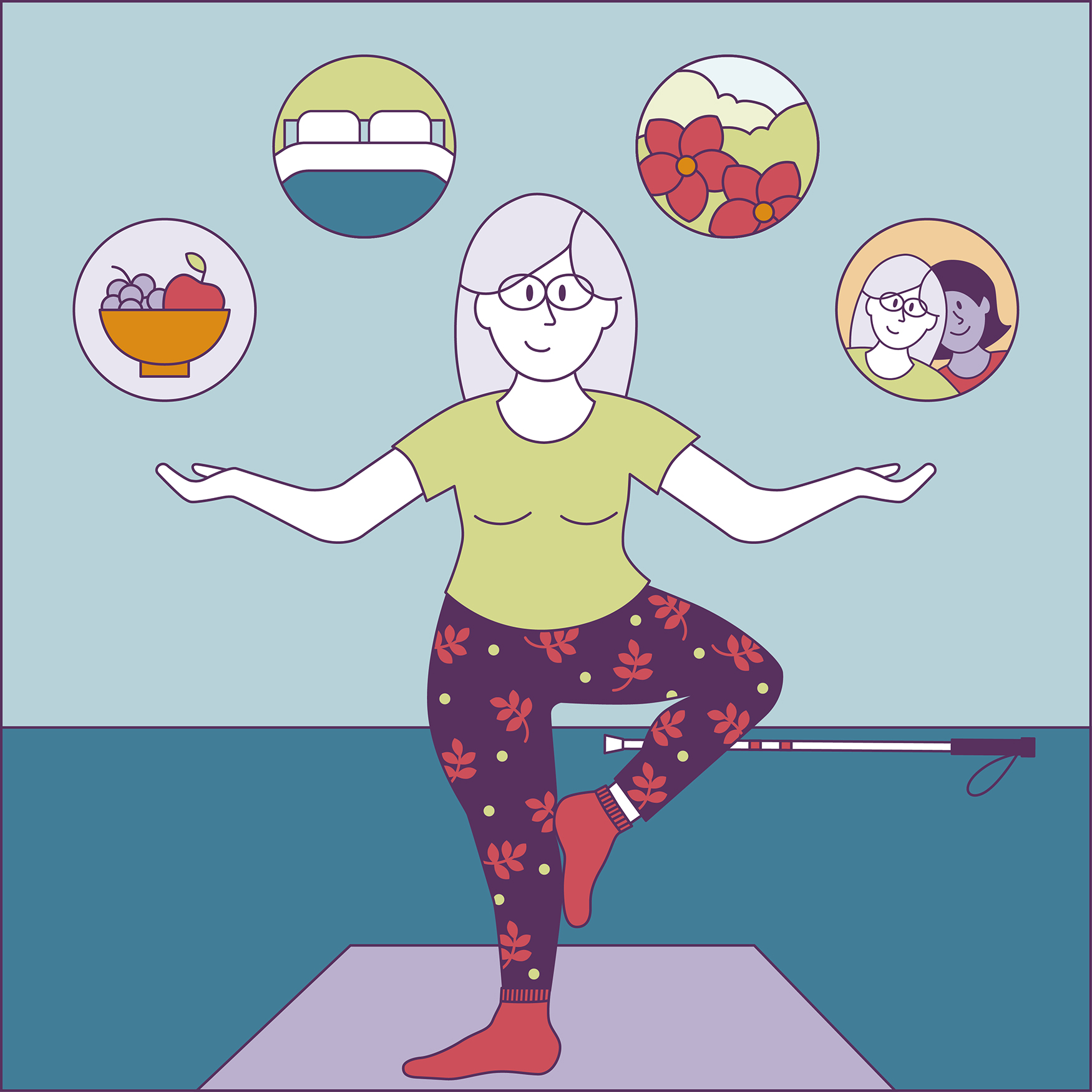 Illustratie kennisthema: een illustratie van een vrouw met een bril die in een yogahouding staat. Boven haar zie je vier rondjes die verschillende dagelijkse bezigheden representeren.
