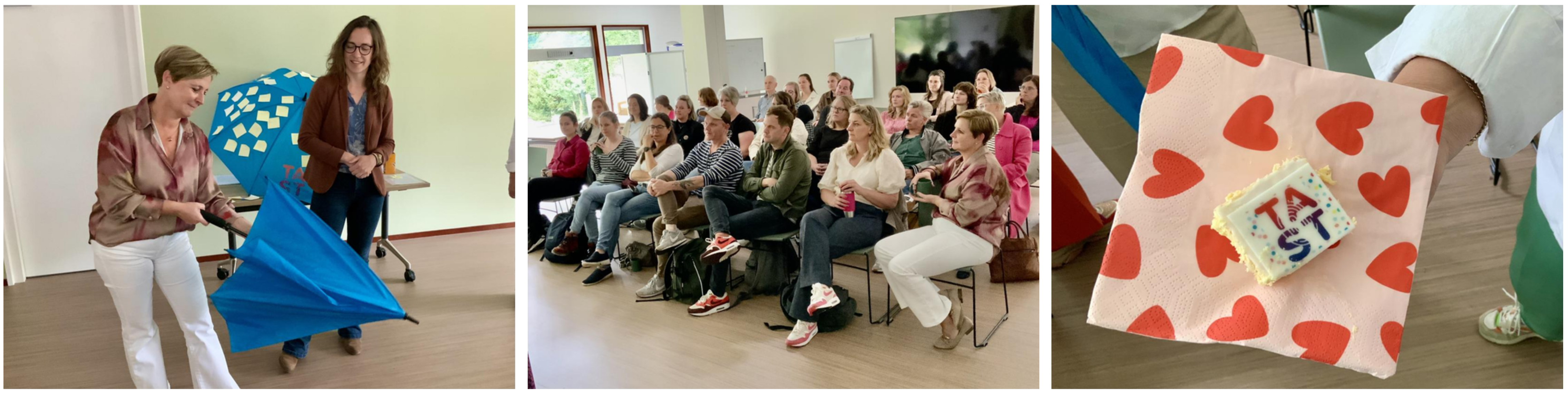 Drie foto's van de lancering van TAST. Linkerfoto Agnes met TAST paraplu, middelste foto volle zaal bij lancering TAST, rechter foto TAST taartje