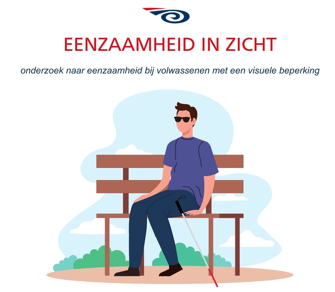 Illustratie van een blinde man op een bankje met daarboven de tekst: Eenzaamheid in zicht: onderzoek naar eenzaamheid bij volwassenen met een visuele beperking. 
