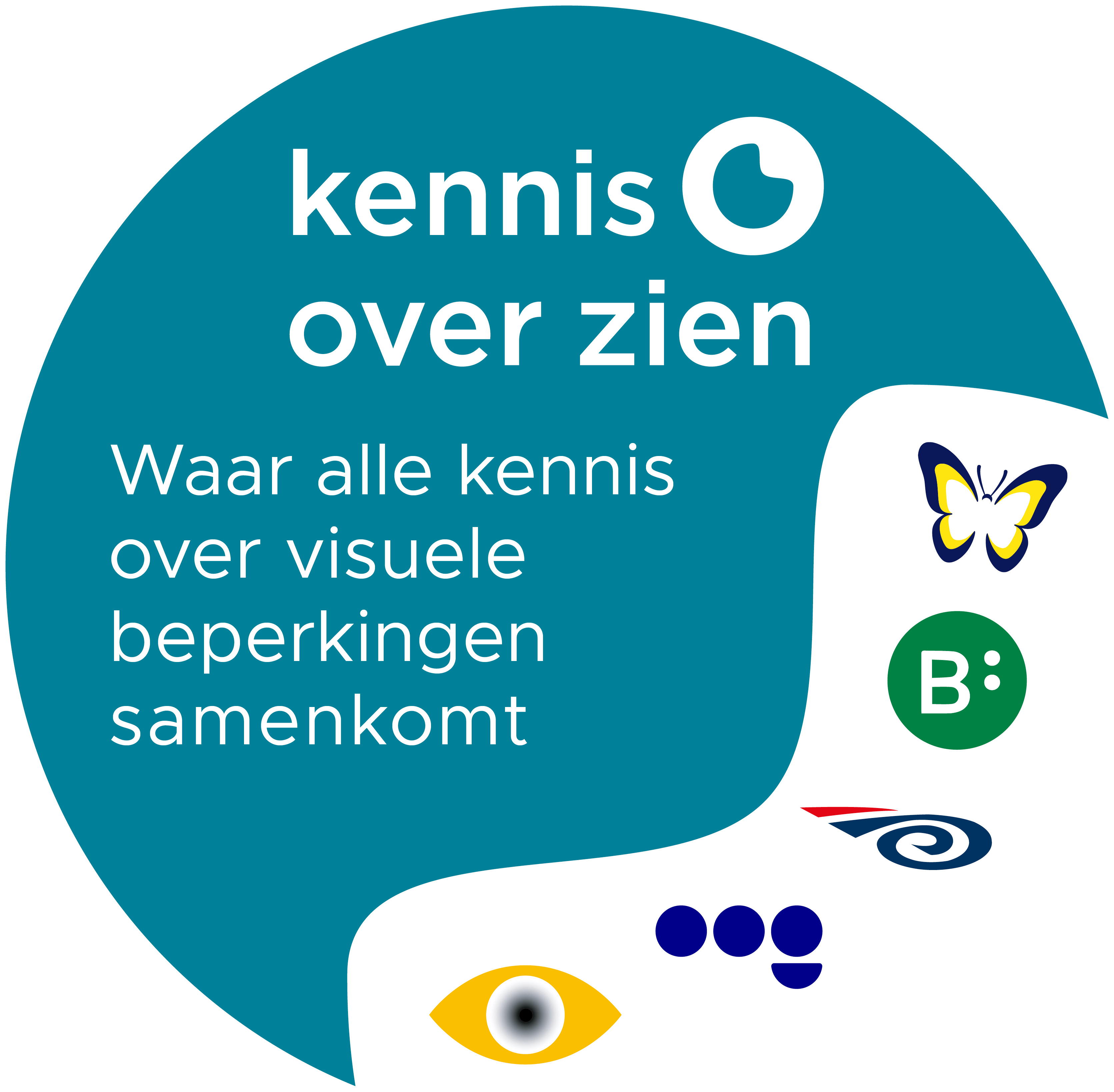 Partnerlogo Kennis Over Zien met de tekst: Waar alle kennis over visuele beperkingen samenkomt. Rechtsonder de compacte logo's van boven naar onder: Visio, Bartiméus, Robert Coppes Stichting, Oogvereniging, MaculaVereniging. 