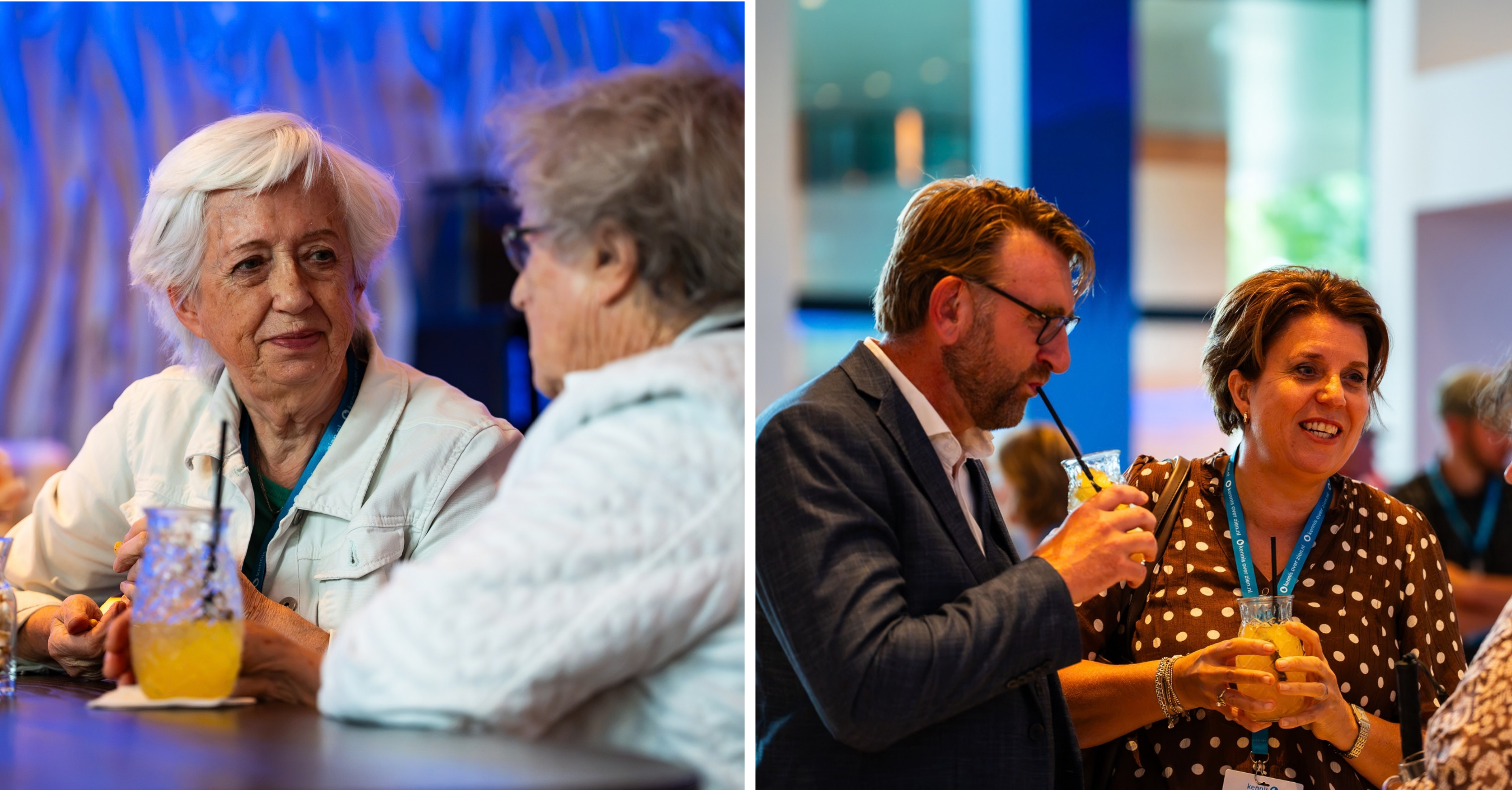 Collage van bezoekers die tijdens de afsluitende borrel met elkaar in gesprek zijn