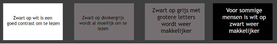 Vier voorbeelden van tekst met verschillende contrasten en lettergroottes: kleine zwarte tekst op wit, kleine zwarte tekst op donkergrijs, grotere zwarte tekst op donkergrijs en kleine witte tekst op zwart.