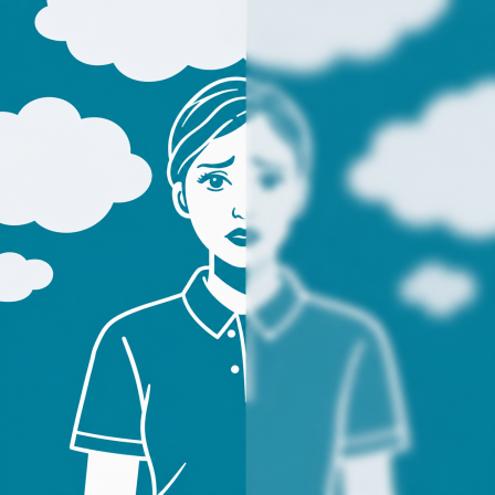 Illustratie van een vrouw die voor de helft scherp en voor de helft wazig in beeld is, met wolken op de achtergrond.