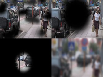 Vier foto's van dezelfde straat met verschillende vlekken om slechtziendheid te illustreren