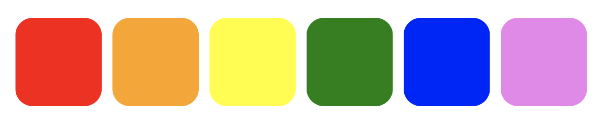 Zes blokjes met verschillende kleuren: rood, oranje, geel, groen, blauw, lila