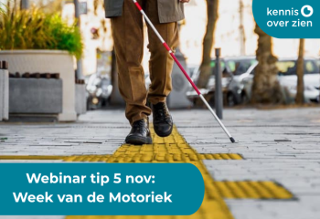 Iemand loopt met taststok over geleidelijn. Webinar tip 5 november: Week van de Motoriek. Logo Kennis Over Zien.