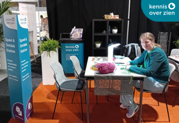 Vrouw zit aan tafel met spellen en knutselspullen. Speel- en ontdekstation. Logo Kennis Over Zien. 