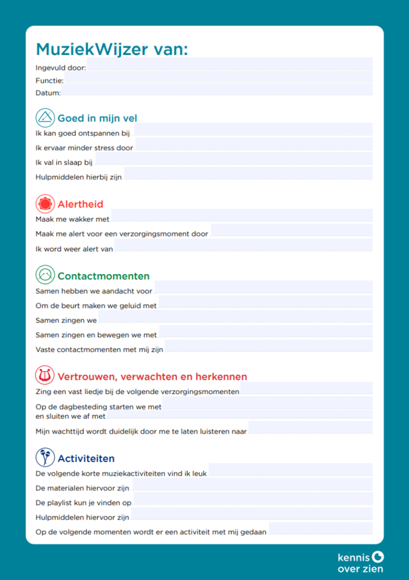 Afbeelding van het formulier van de MuziekWijzer. Bovenaan staat 'Muziekwijzer van'. Hieronder staan invulvelden waar begeleiders zaken kunnen invullen over de muziekwensen en voorkeuren van een cliënt.