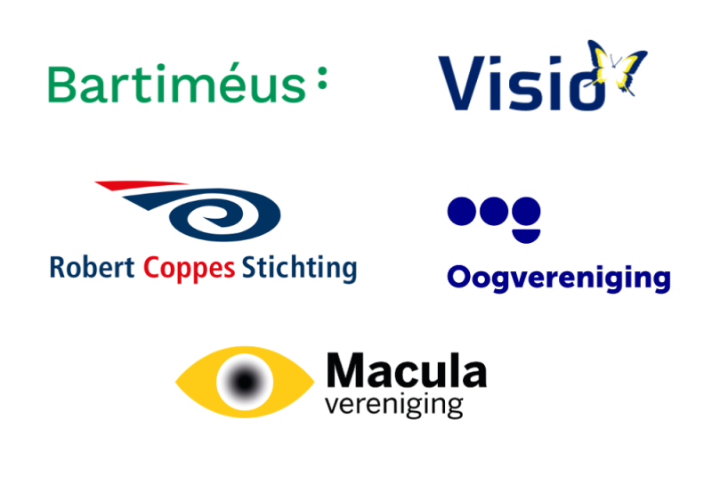 logos van Bartiméus, Koninklijke Visio, Robert Coppes Stichting, Oogvereniging en Macula vereniging