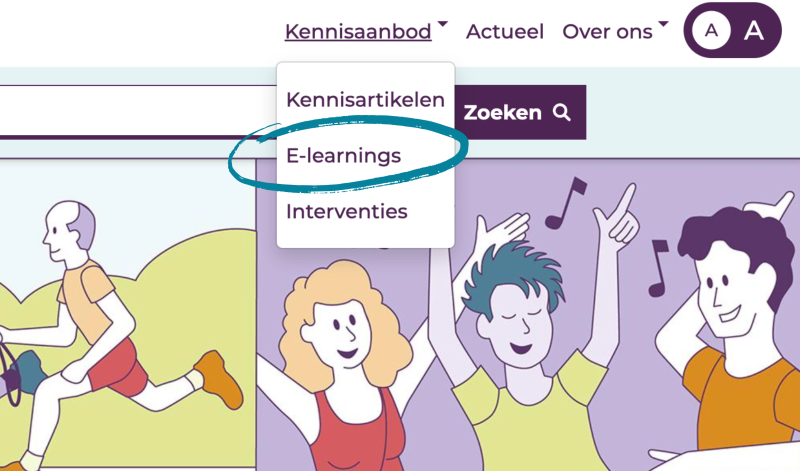 Afbeelding navigatie e-learnings. Ga naar 'kennisaanbod' en klik op 'e-learnings'