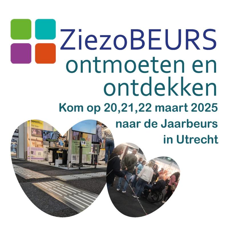 Beeld met de tekst: ZiezoBEURS ontmoeten en ontdekken. Kom op 20, 21 en 22 maart 2025 naar de Jaarbeurs in Utrecht.