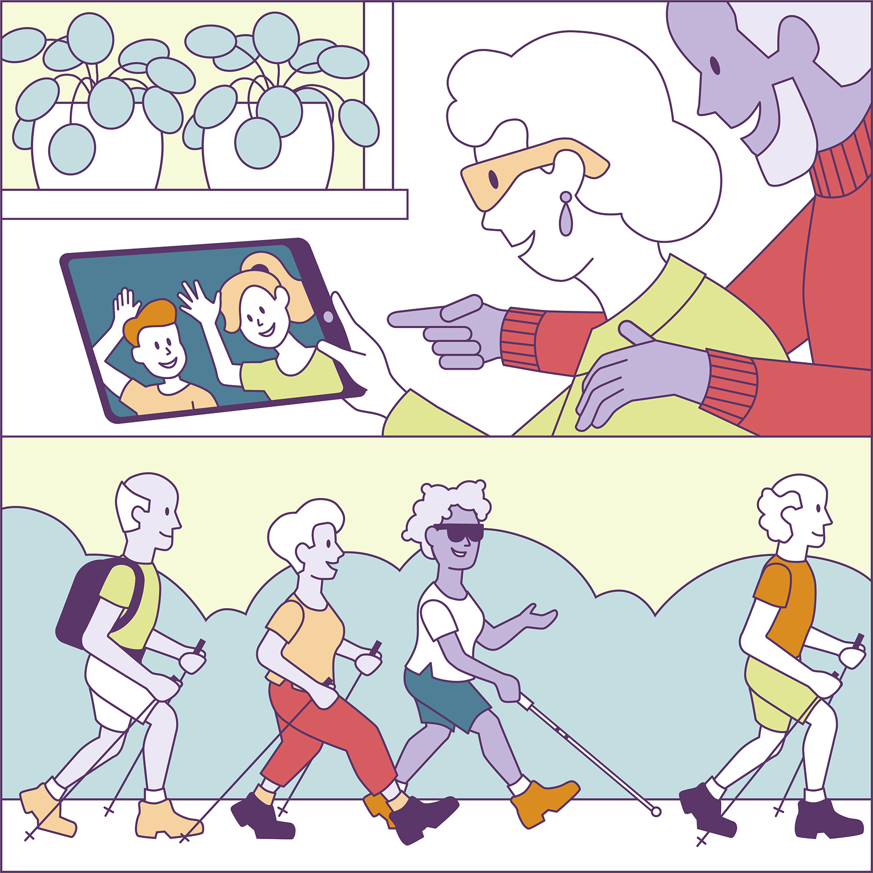 Afbeelding met twee illustraties. De bovenste is een illustratie van een ouder echtpaar. De dame draagt een bril. Het echtpaar kijkt blij naar een tablet die de vrouw in haar hand heeft. Op de tablet zie je een jongen en een meisje, ze zwaaien. Op de onderste illustratie zie je vier oudere mensen, ze lopen achter elkaar. Drie van hen wandelen met nordic wandelstokken. Een dame in het gezelschap loopt op de tweede plaats. Ze heeft een zonnebril op en loopt met een geleidestok.