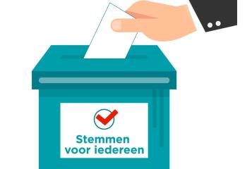 Illustratie van hand die stembiljet in stembus steekt