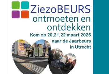Beeld met de tekst: ZiezoBEURS ontmoeten en ontdekken. Kom op 20, 21 en 22 maart 2025 naar de Jaarbeurs in Utrecht.